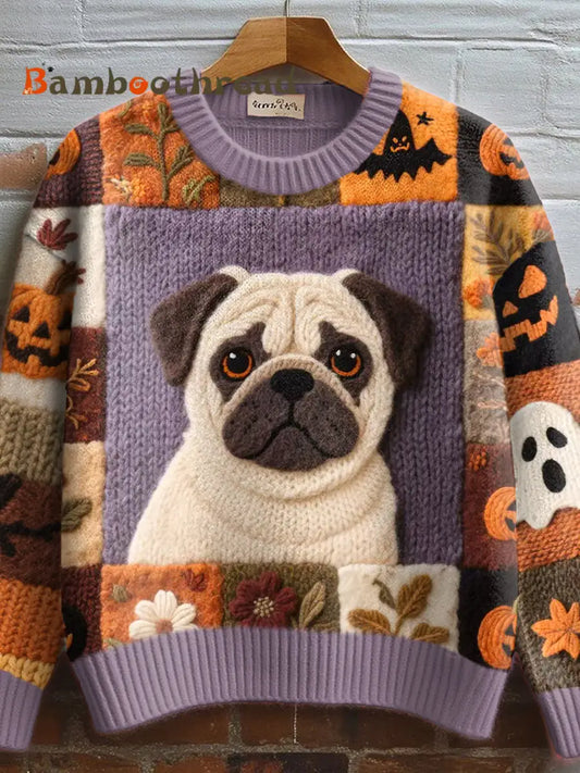 Women’s Fall Inspired Pug Felt Art Cozy Knit Sweater As picture / S