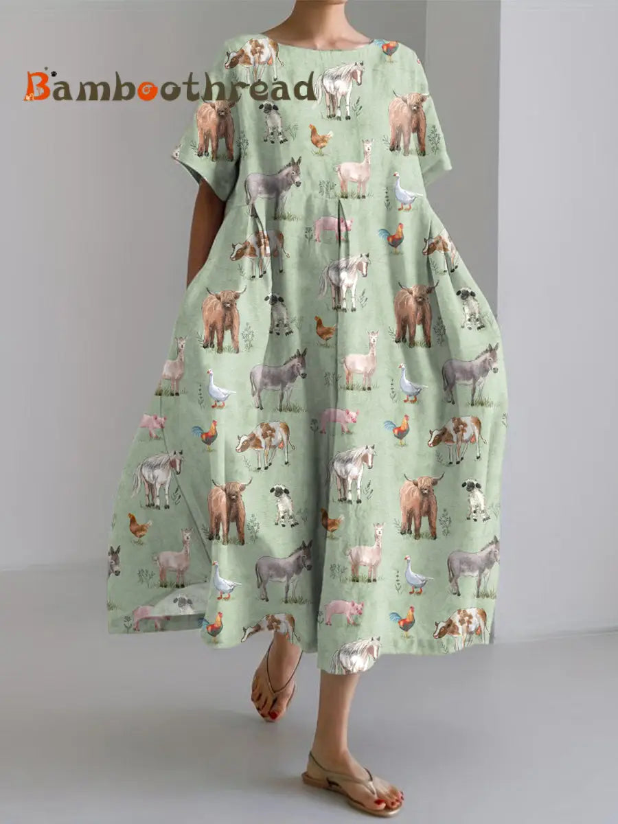 Women’s Farm Animals Print Linen Dress As picture / S