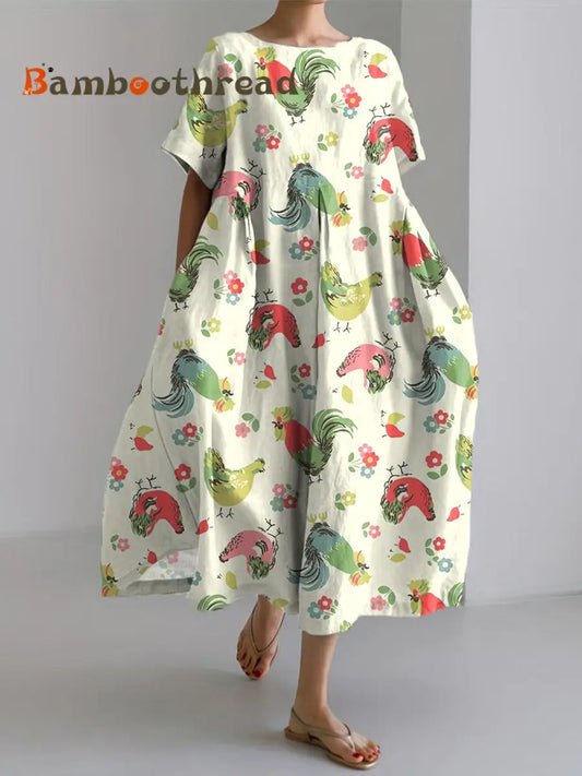 Women’s Farm Chicken & Floral Print Linen Dress As picture / S
