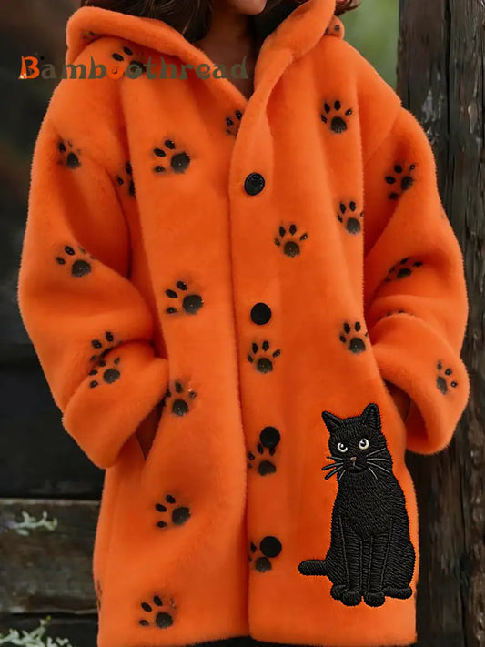 Women’s Flannel Cat Paws Print Coats Orange / S
