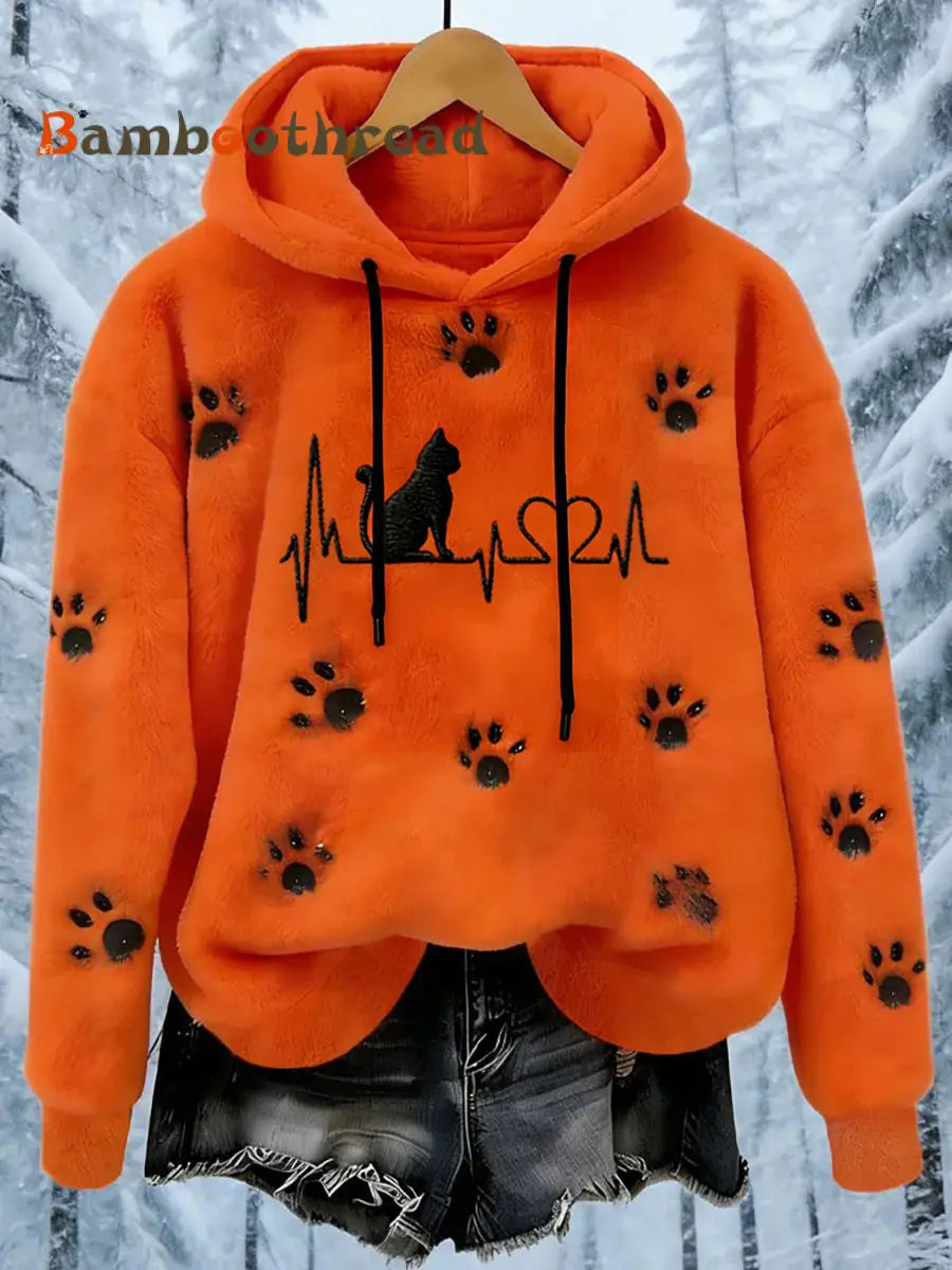 Women’s Flannel Cat Paws Print Hoodie Orange / S