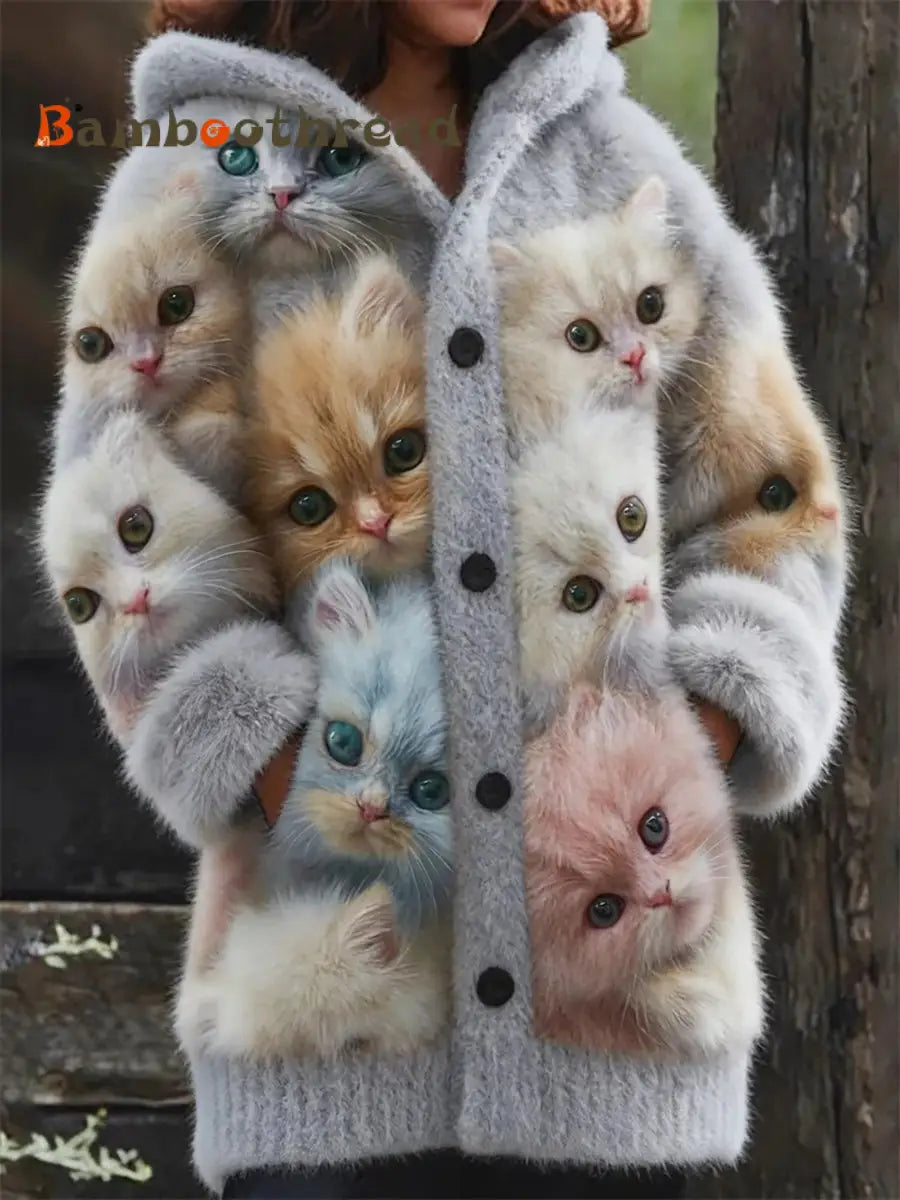 Women’s Flannel Cute Cats Print Coats As picture / S