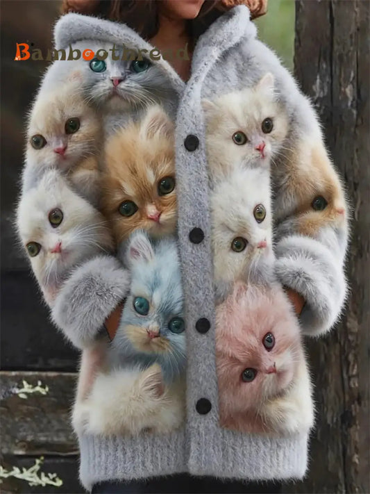 Women’s Flannel Cute Cats Print Coats As picture / S