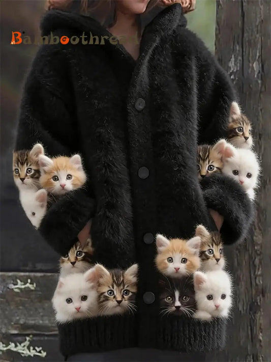 Women’s Flannel Cute Cats Print Coats As picture / S