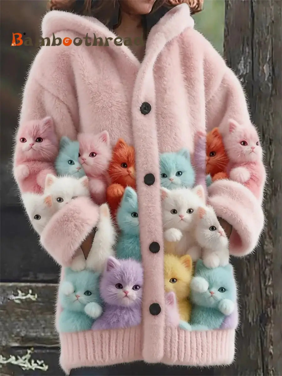 Women’s Flannel Cute Cats Print Coats As picture / S