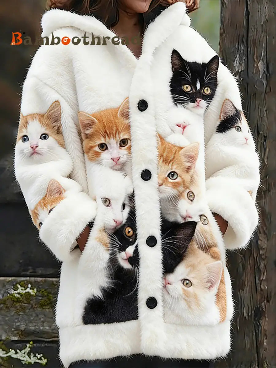 Women’s Flannel Cute Cats Print Coats As picture / S
