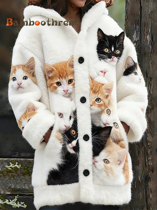 Women’s Flannel Cute Cats Print Coats As picture / S