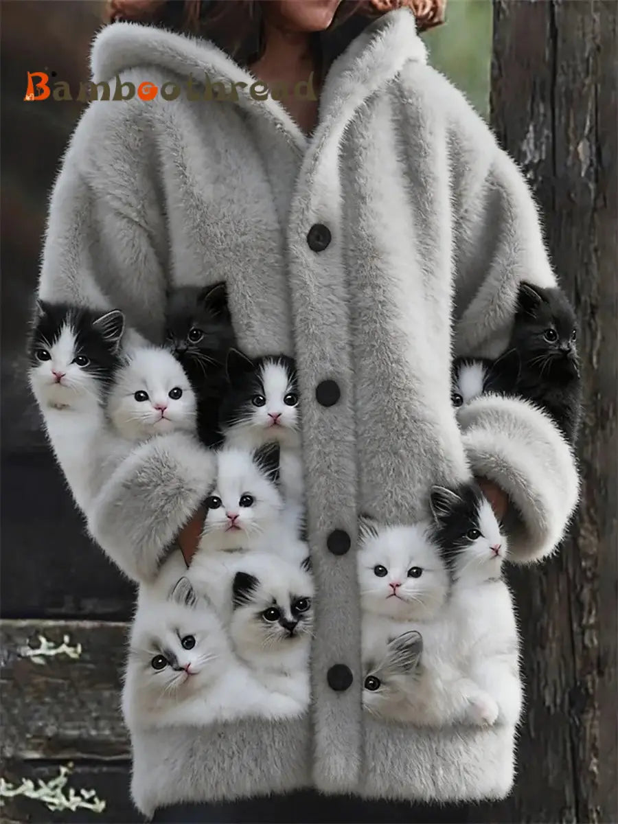 Women’s Flannel Cute Cats Print Coats As picture / S