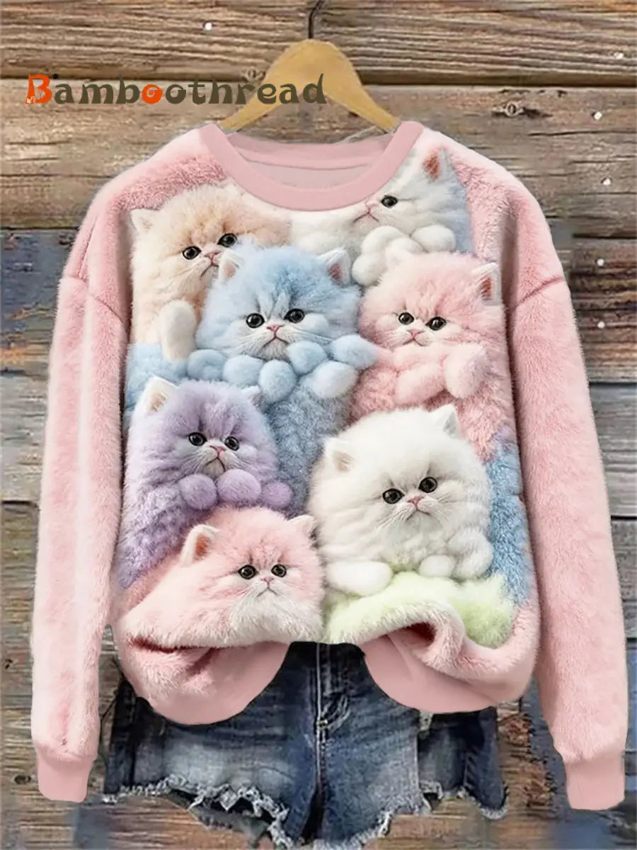 Women’s Flannel Cute Cats Print Sweatshirt Pink / S