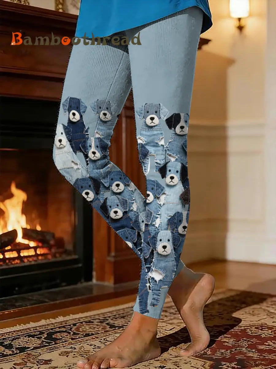Women’s Fleece-Lined Leggings with Puppy Print Light Blue / S