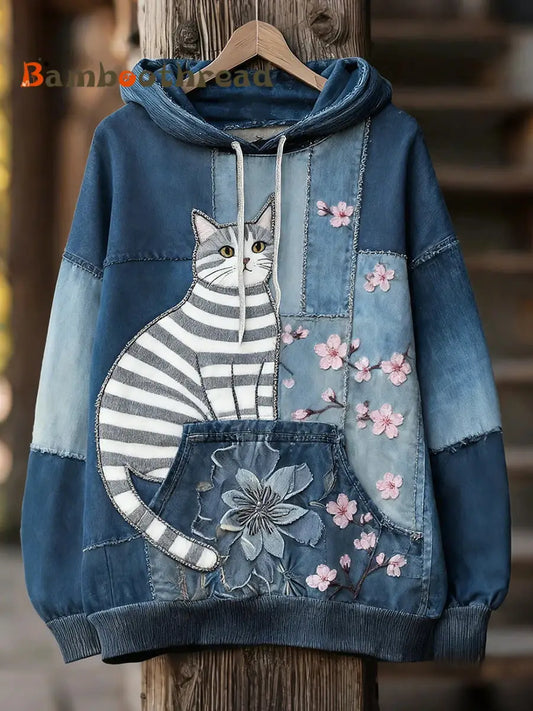 Women’s floral cat print hoodies As picture / S