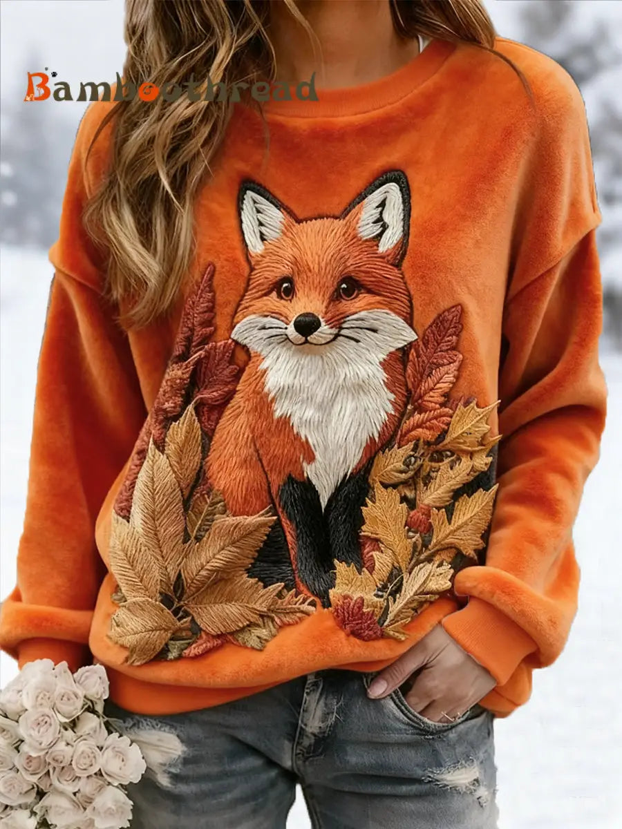 Women’s Fox Print Casual Flannel Hoodie Orange / S