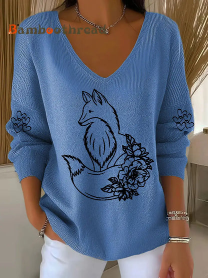 Women’s Fox Print Casual Top Blue / S
