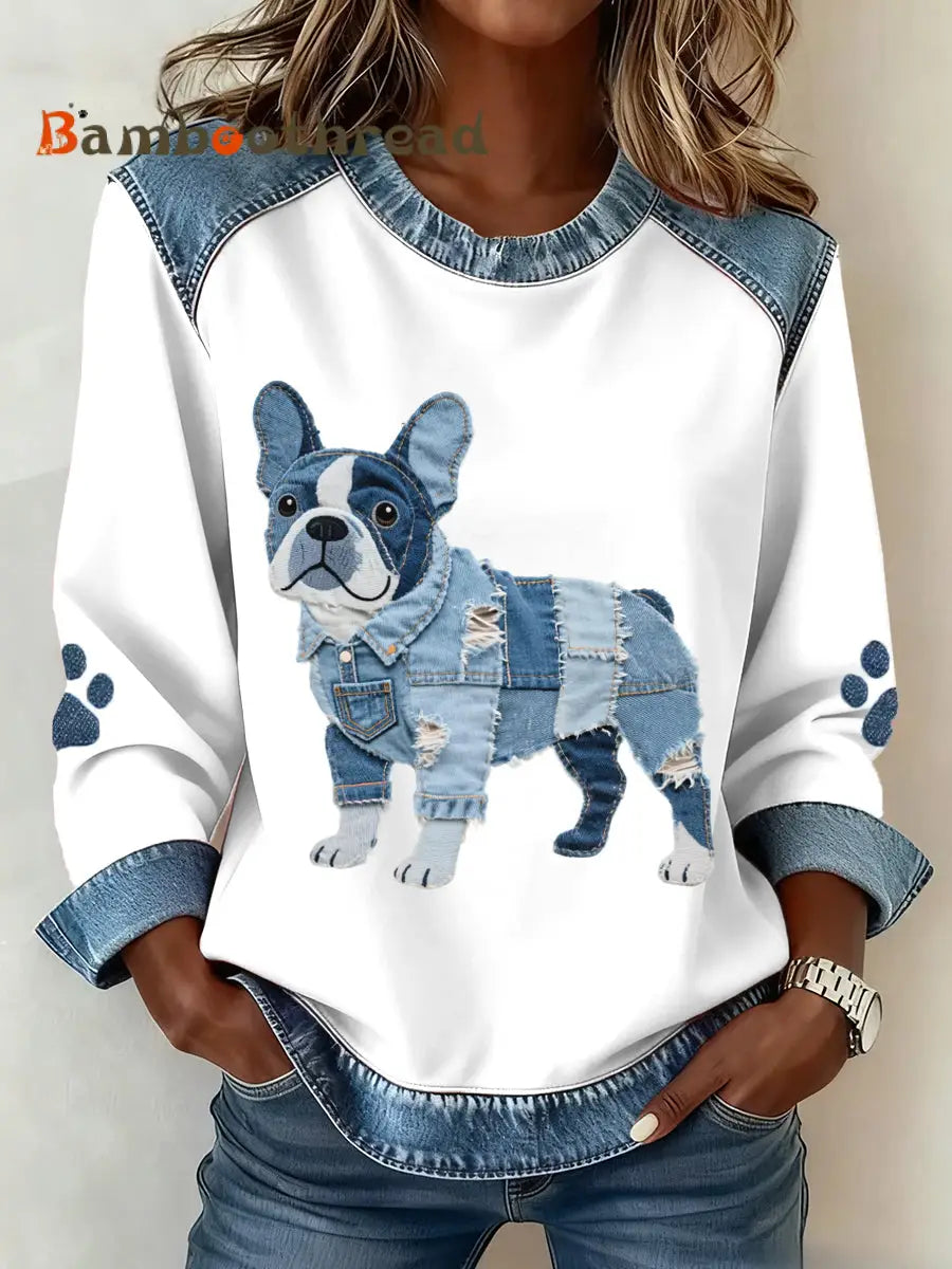 Women’s French Bulldog Pattern Denim Patchwork Art Sweatshirt White / S