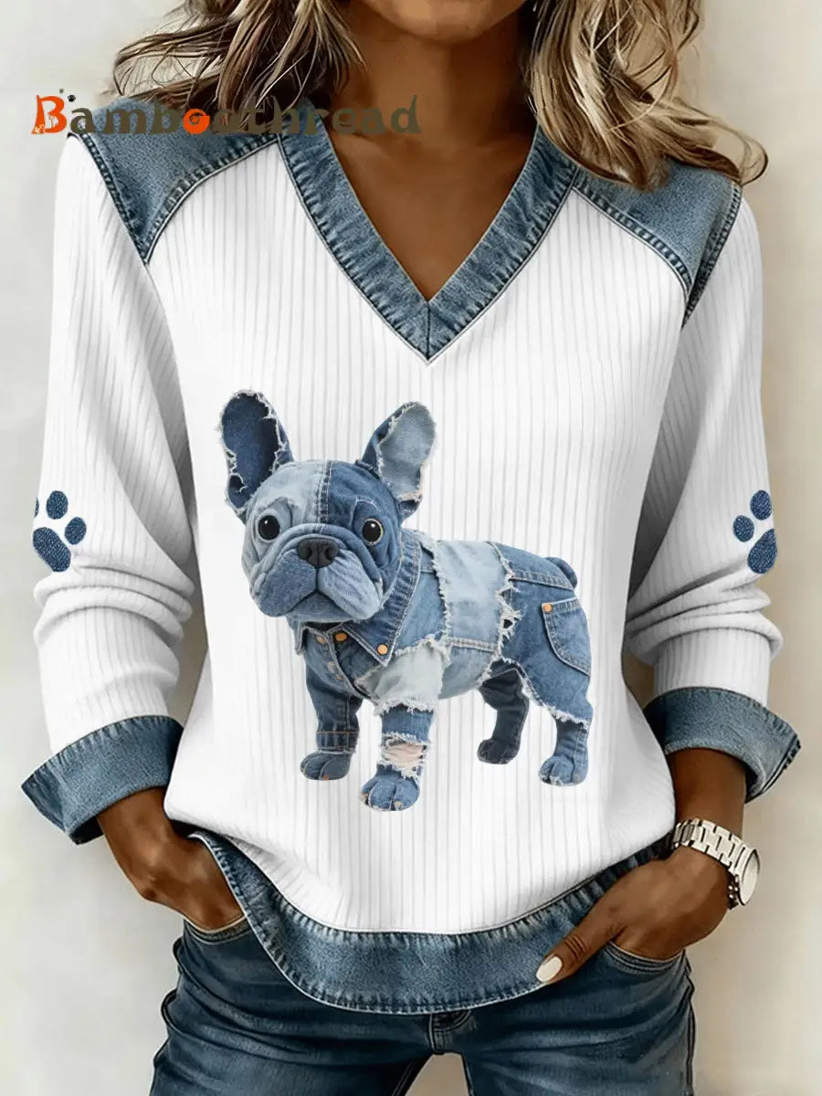 Women’s French Bulldog Pattern Denim Patchwork Art V-Neck Top White / S