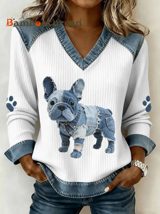 Women’s French Bulldog Pattern Denim Patchwork Art V-Neck Top White / S