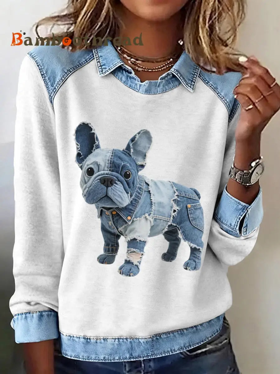 Women’s French Bulldog Pattern Patchwork Art Sweatshirt White / S