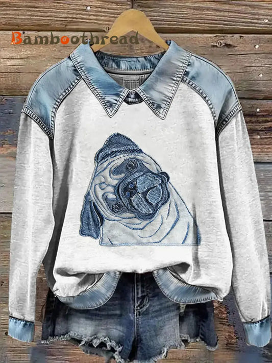 Women’s French Bulldog Printed Denim Patchwork Lapel Long Sleeved Sweatshirt Gray / S