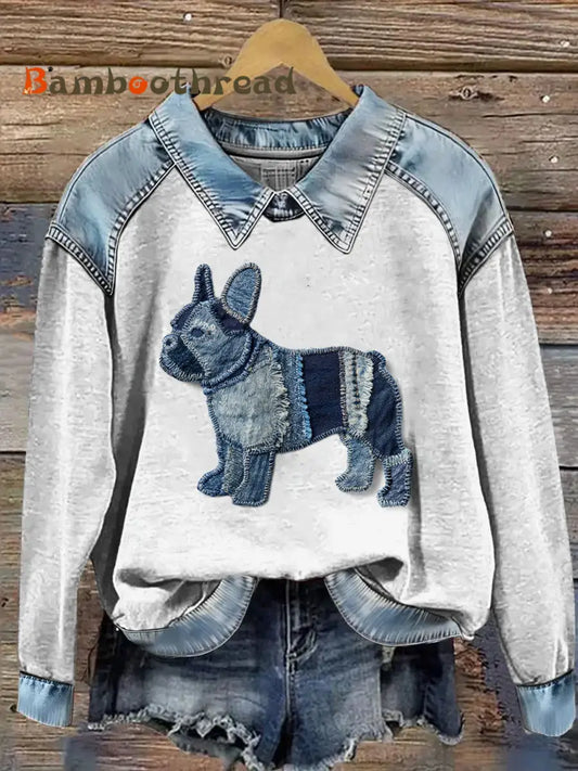 Women’s French Bulldog Printed Denim Patchwork Lapel Long Sleeved Sweatshirt Gray / S