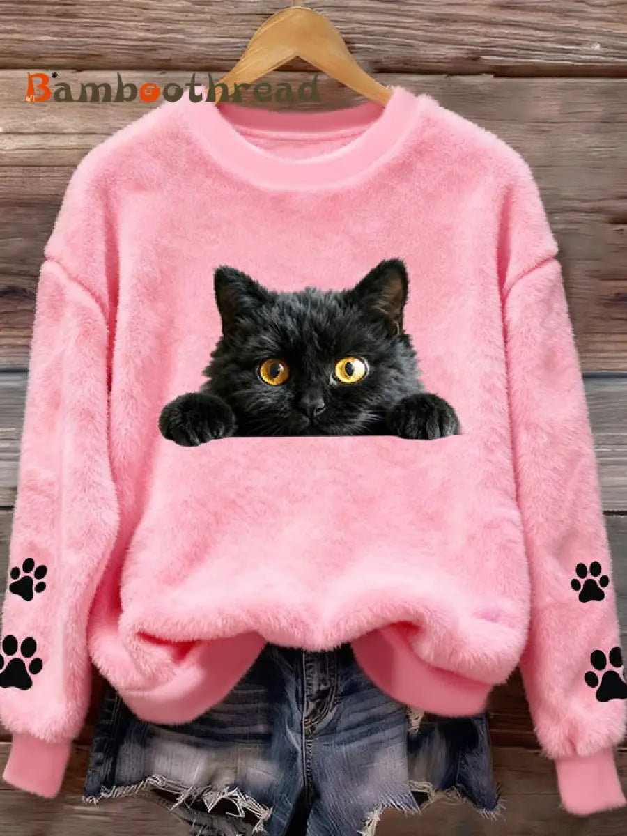 Women’s Fun Animal Cat Printed Flannel Sweatshirt Pink / S