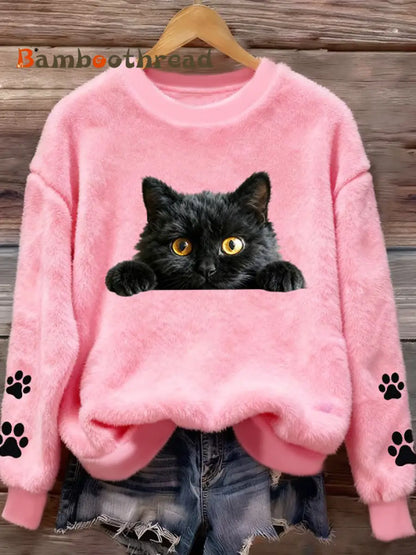Women’s Fun Animal Cat Printed Flannel Sweatshirt Pink / S
