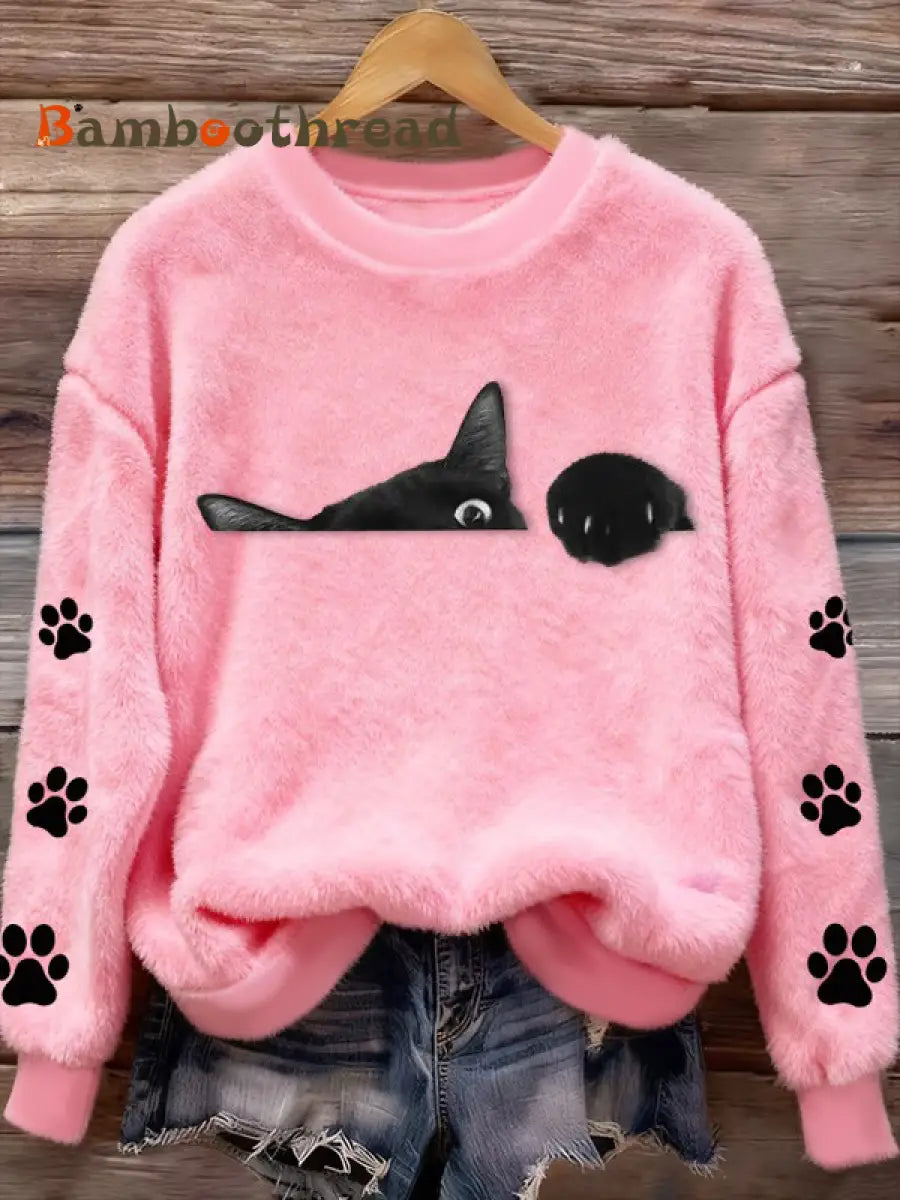 Women’s Fun Animal Cat Printed Flannel Sweatshirt Pink / S
