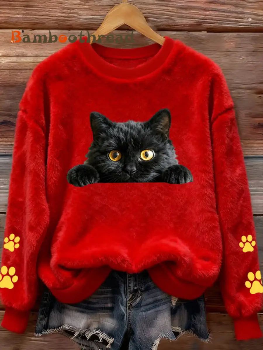 Women’s Fun Animal Cat Printed Flannel Sweatshirt Red / S
