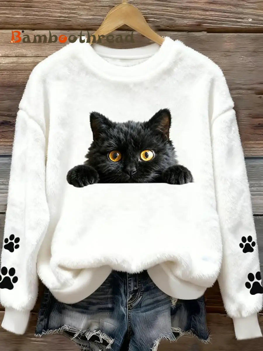 Women’s Fun Animal Cat Printed Flannel Sweatshirt White / S