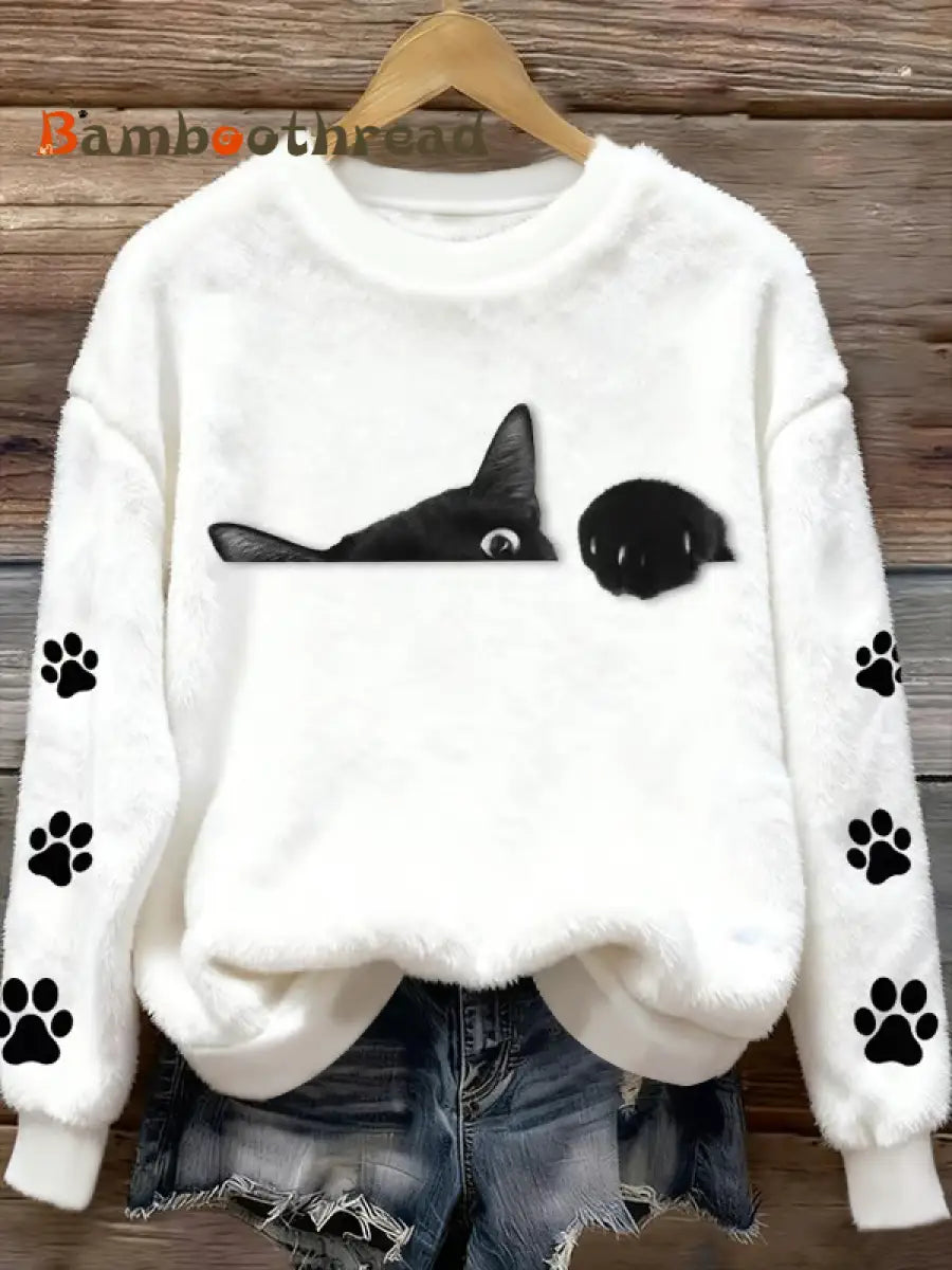 Women’s Fun Animal Cat Printed Flannel Sweatshirt White / S