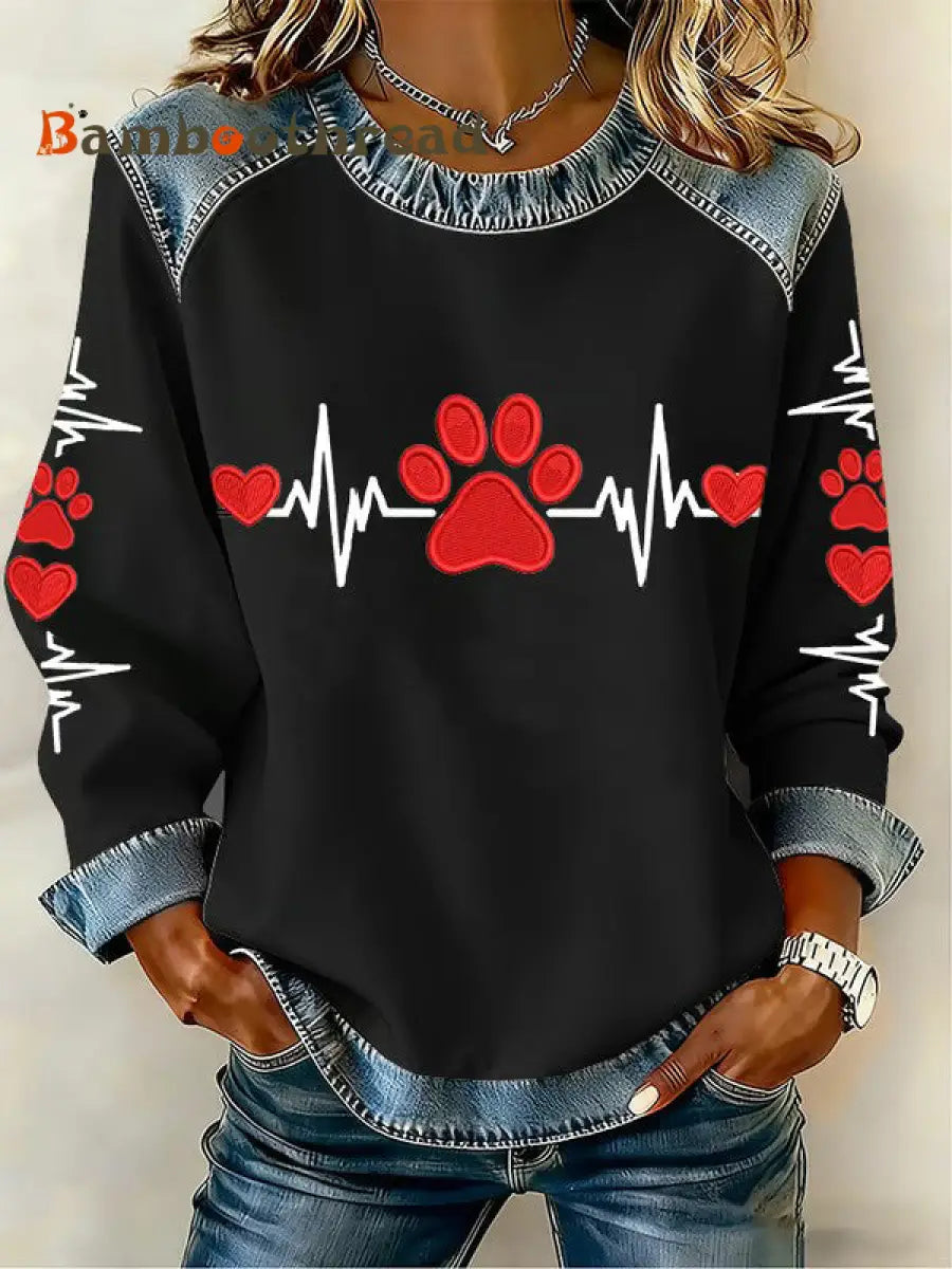 Women’s Fun Animal Patterns Denim Patchwork Sweatshirt Black / S