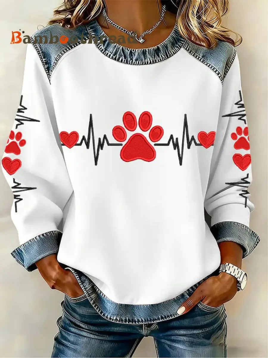 Women’s Fun Animal Patterns Denim Patchwork Sweatshirt White / S