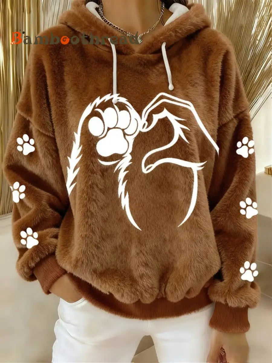 Women’s Fun Animal Printed Flannel Hoodie Brown-green / S