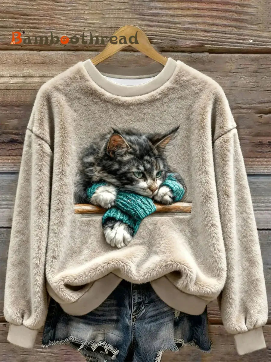 Women’s Funny Cat Art Print Casual Flannel Hoodie As picture / S