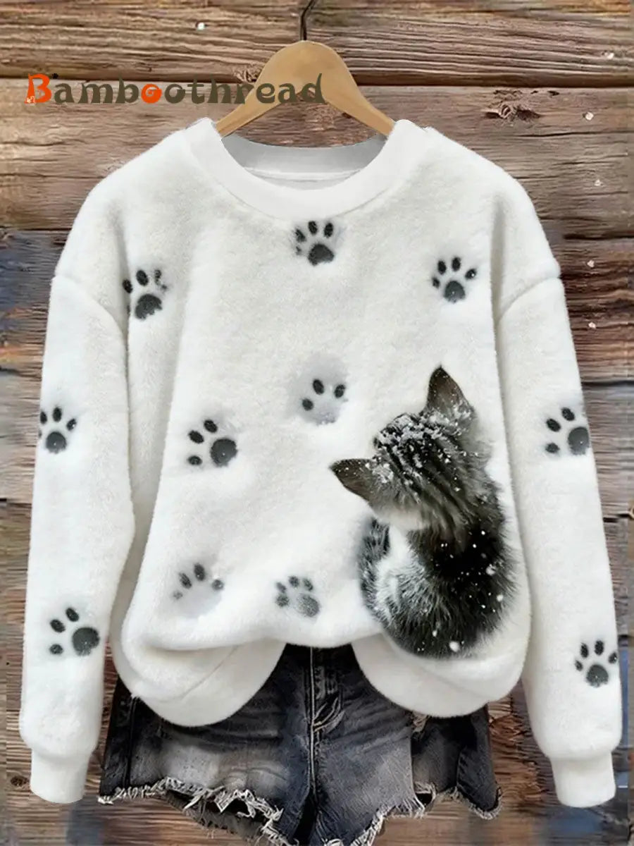 Women’s Funny Cat Art Print Casual Flannel Hoodie White / S