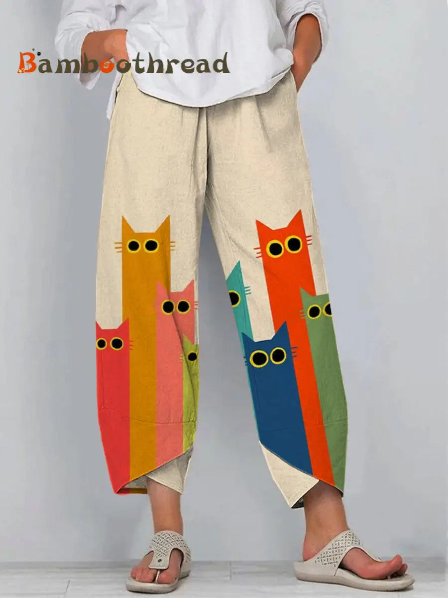 Women’s Funny Cat Art Print Linen Pants As picture / S