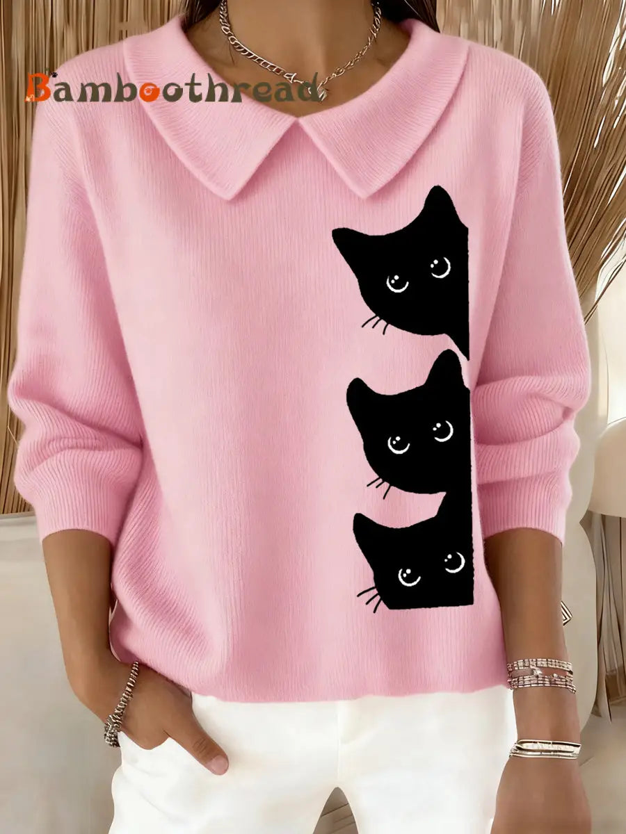 Women’s Funny Cat Print Cat Lovers Casual Baby Doll Collar Top Pink / S
