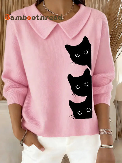 Women’s Funny Cat Print Cat Lovers Casual Baby Doll Collar Top Pink / S