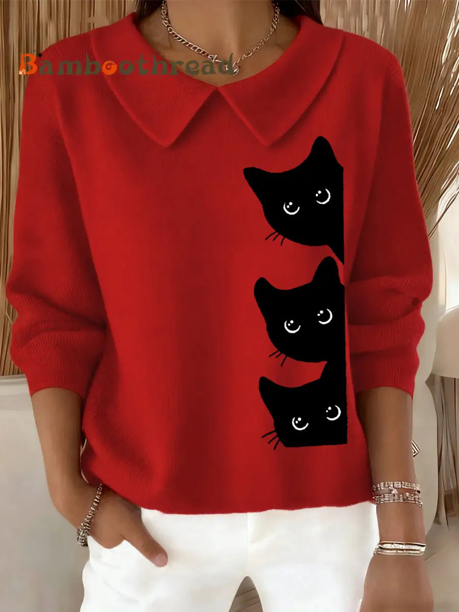 Women’s Funny Cat Print Cat Lovers Casual Baby Doll Collar Top Red / S