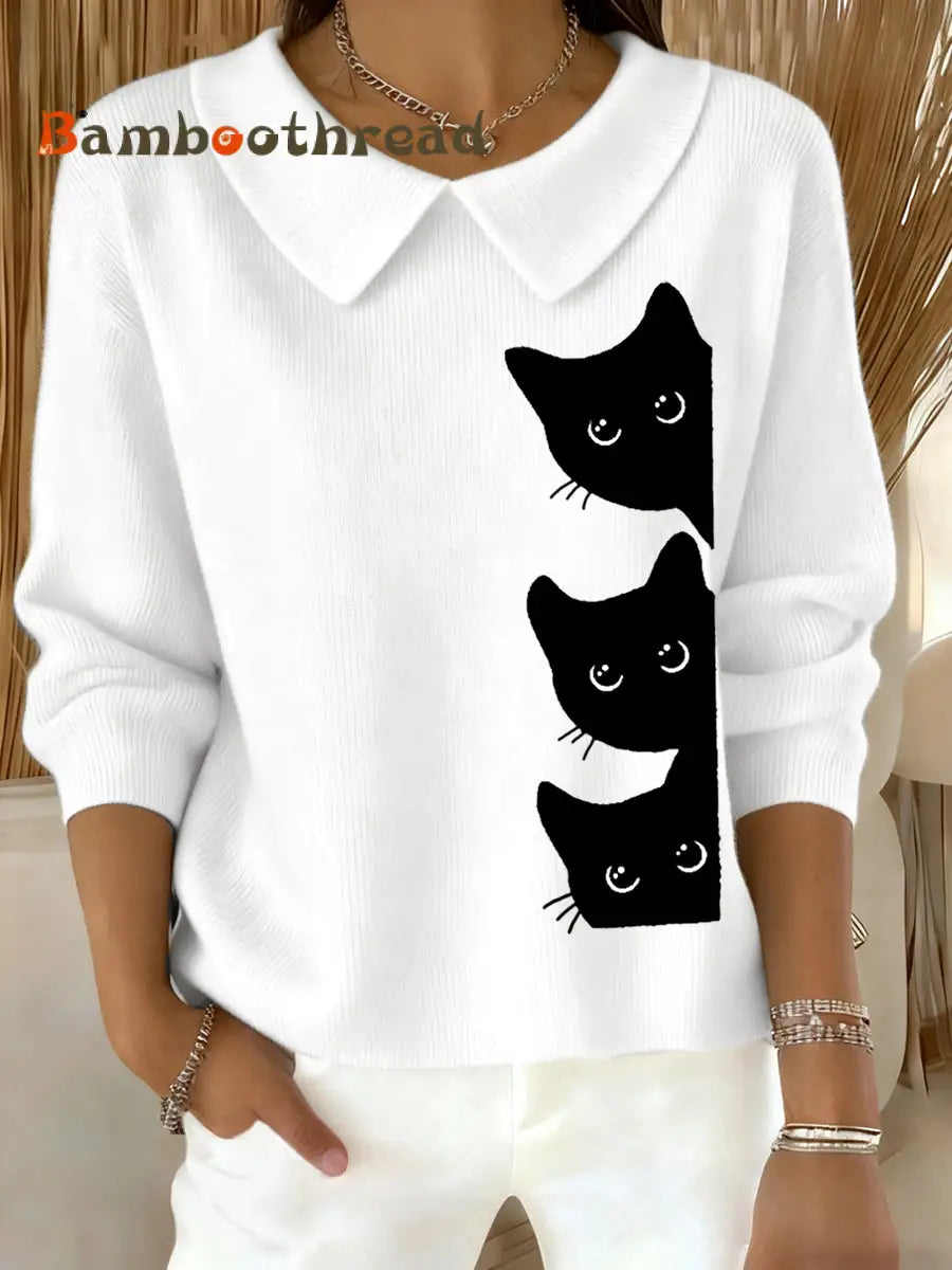 Women’s Funny Cat Print Cat Lovers Casual Baby Doll Collar Top White / S