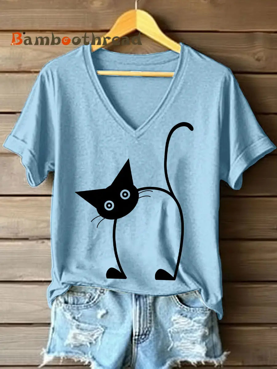 Women’s Funny Cat Print V-Neck T-Shirt Light Blue / S