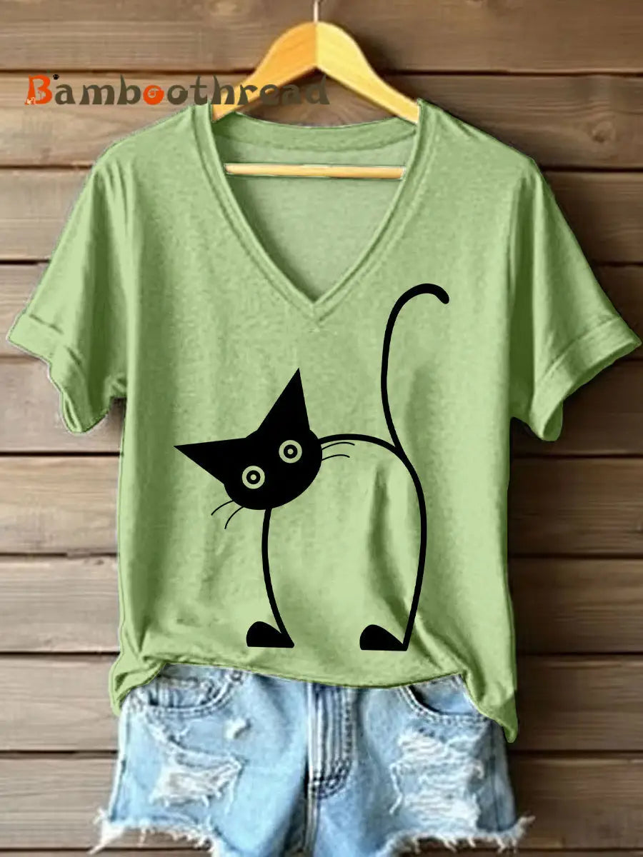 Women’s Funny Cat Print V-Neck T-Shirt Light Green / S