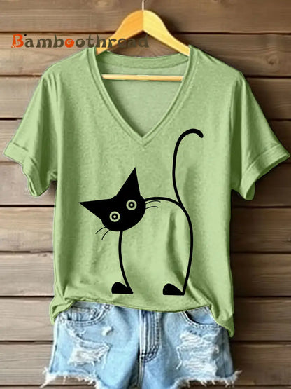Women’s Funny Cat Print V-Neck T-Shirt Light Green / S