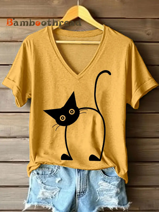 Women’s Funny Cat Print V-Neck T-Shirt Yellow / S