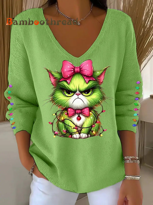 Women’s Funny Christmas Grinch Cta Print Casual Long Sleeve Top Light Green / S