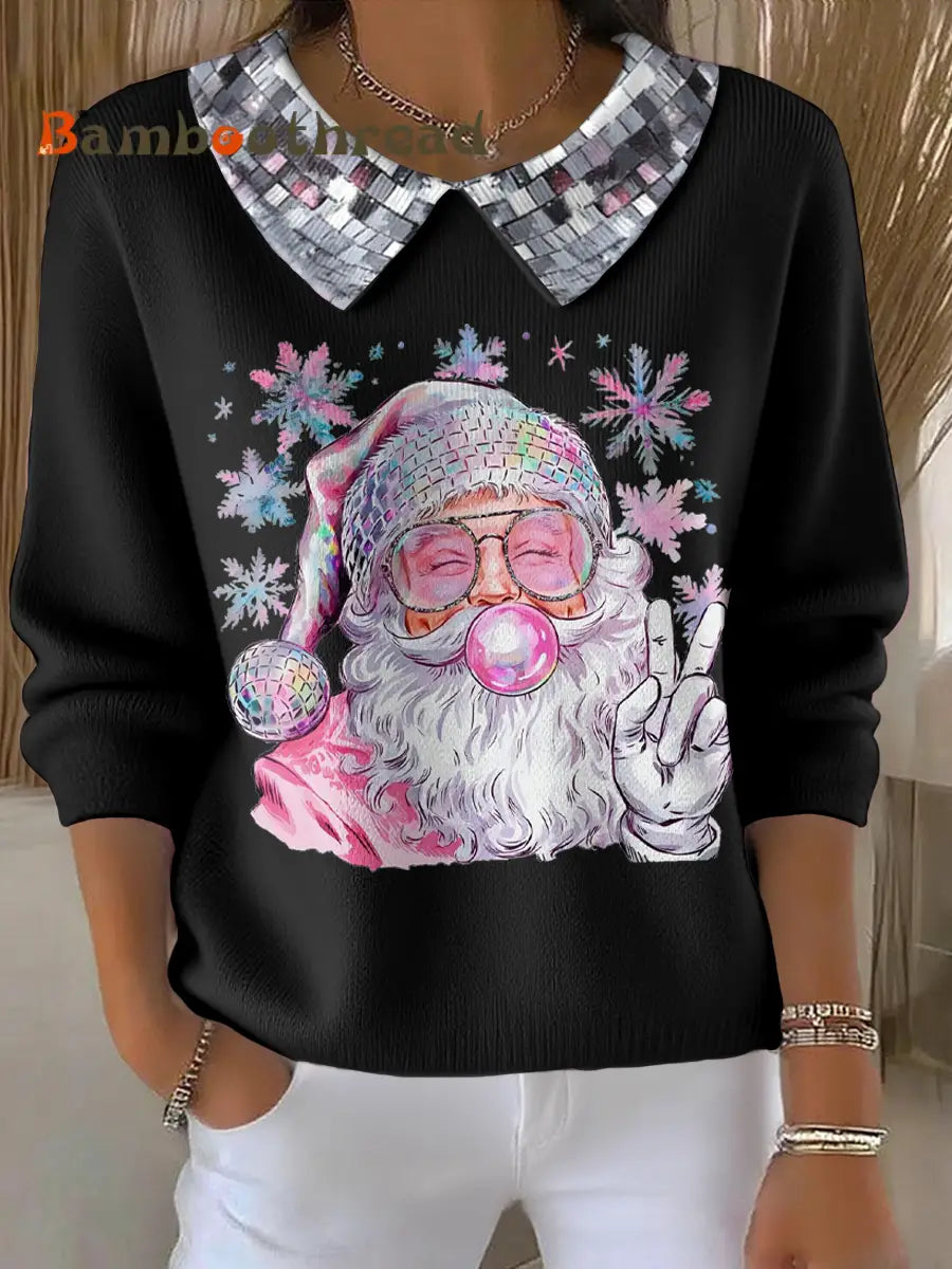 Women’s Funny Christmas Santa Art Printed Tops Black / S