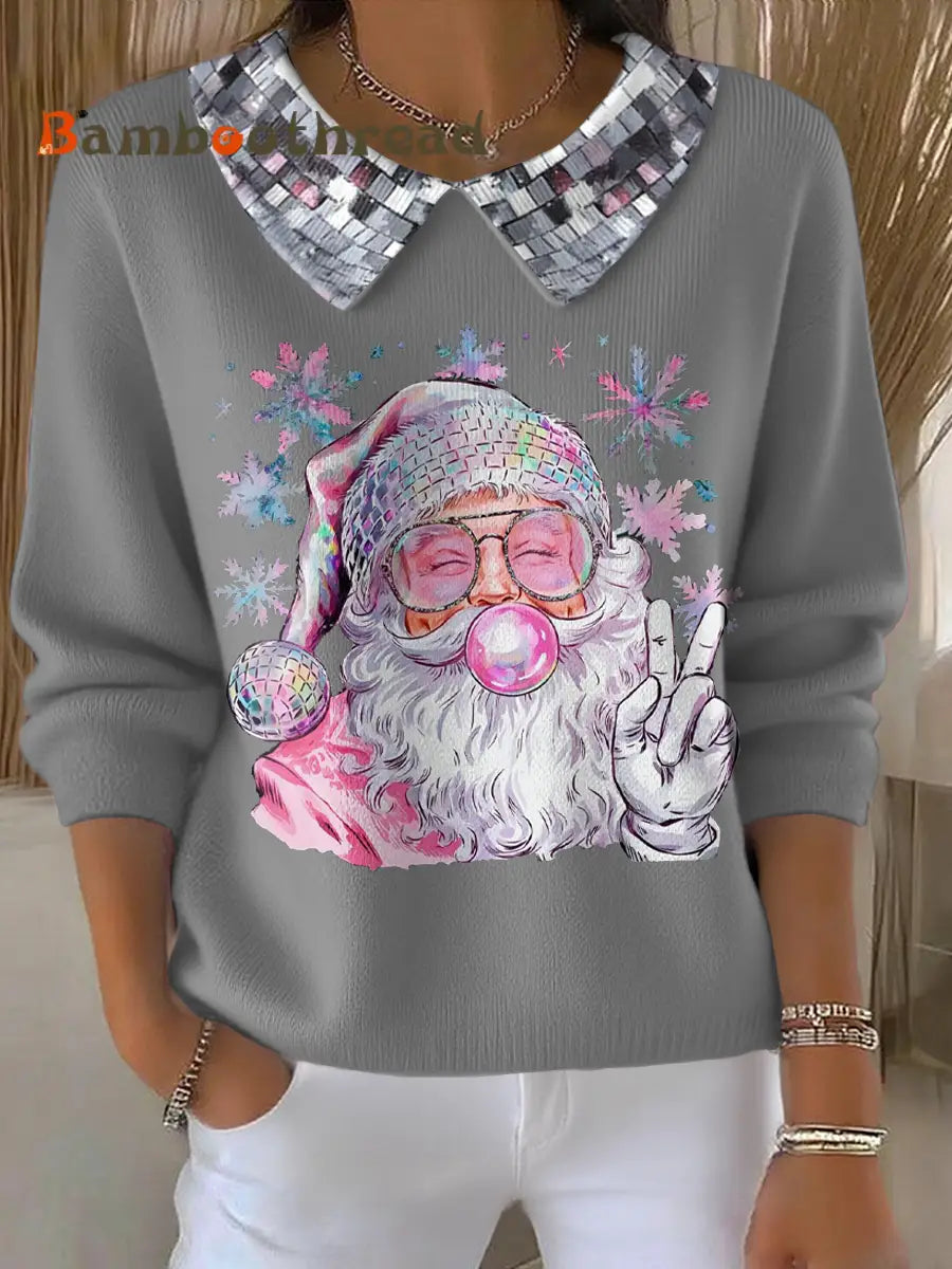 Women’s Funny Christmas Santa Art Printed Tops Light Gray / S