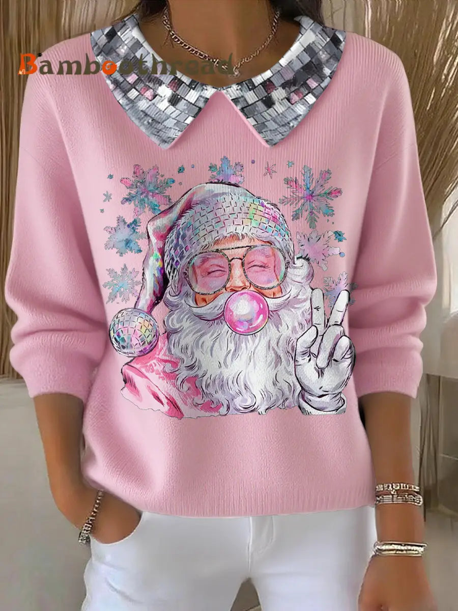 Women’s Funny Christmas Santa Art Printed Tops Light Pink / S