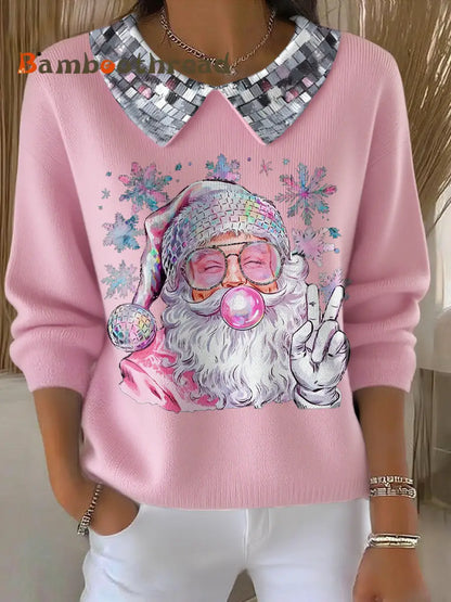 Women’s Funny Christmas Santa Art Printed Tops Light Pink / S