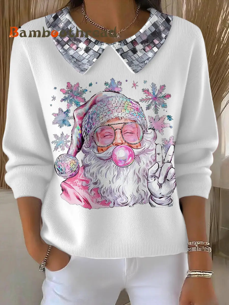 Women’s Funny Christmas Santa Art Printed Tops White / S