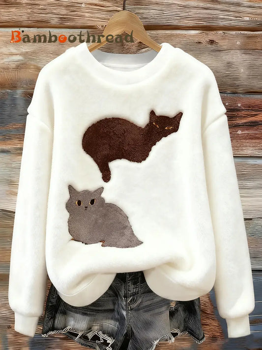 Women’s Funny Cute Cat Flannel Hoodie White / S